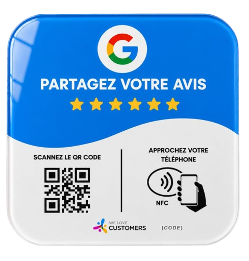Plaque NFC OC13 d'avis Google : le client approche son téléphone ou scanne le QR code pour laisser un avis